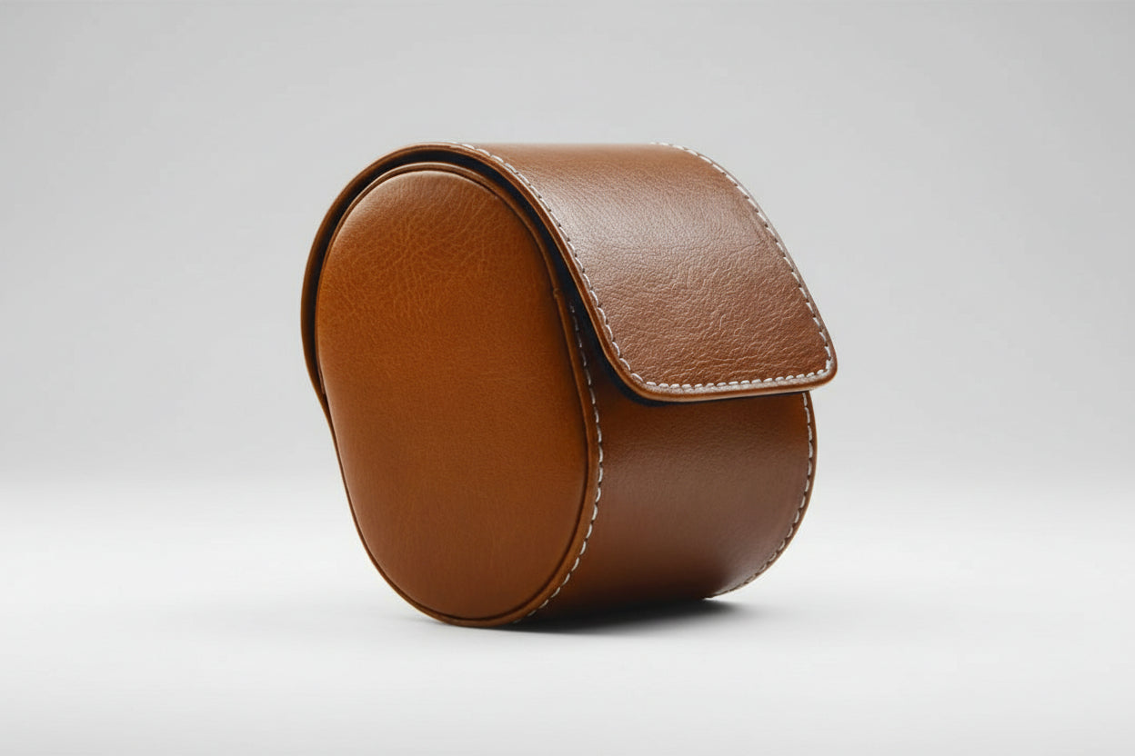Brown leather Travel_Watch_Roll_Organizer on a white background