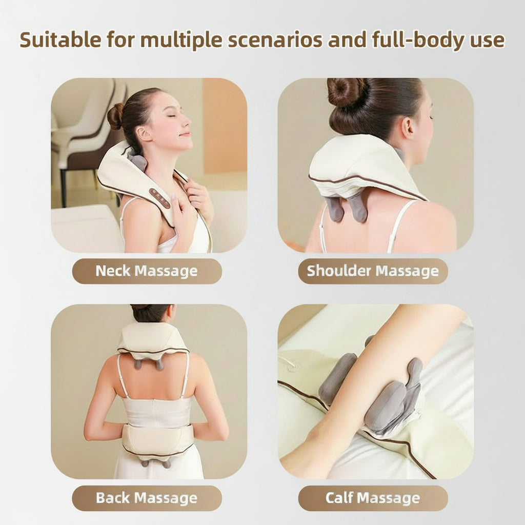 Massage device being used for neck, shoulder, back, and calf massages on a woman 
