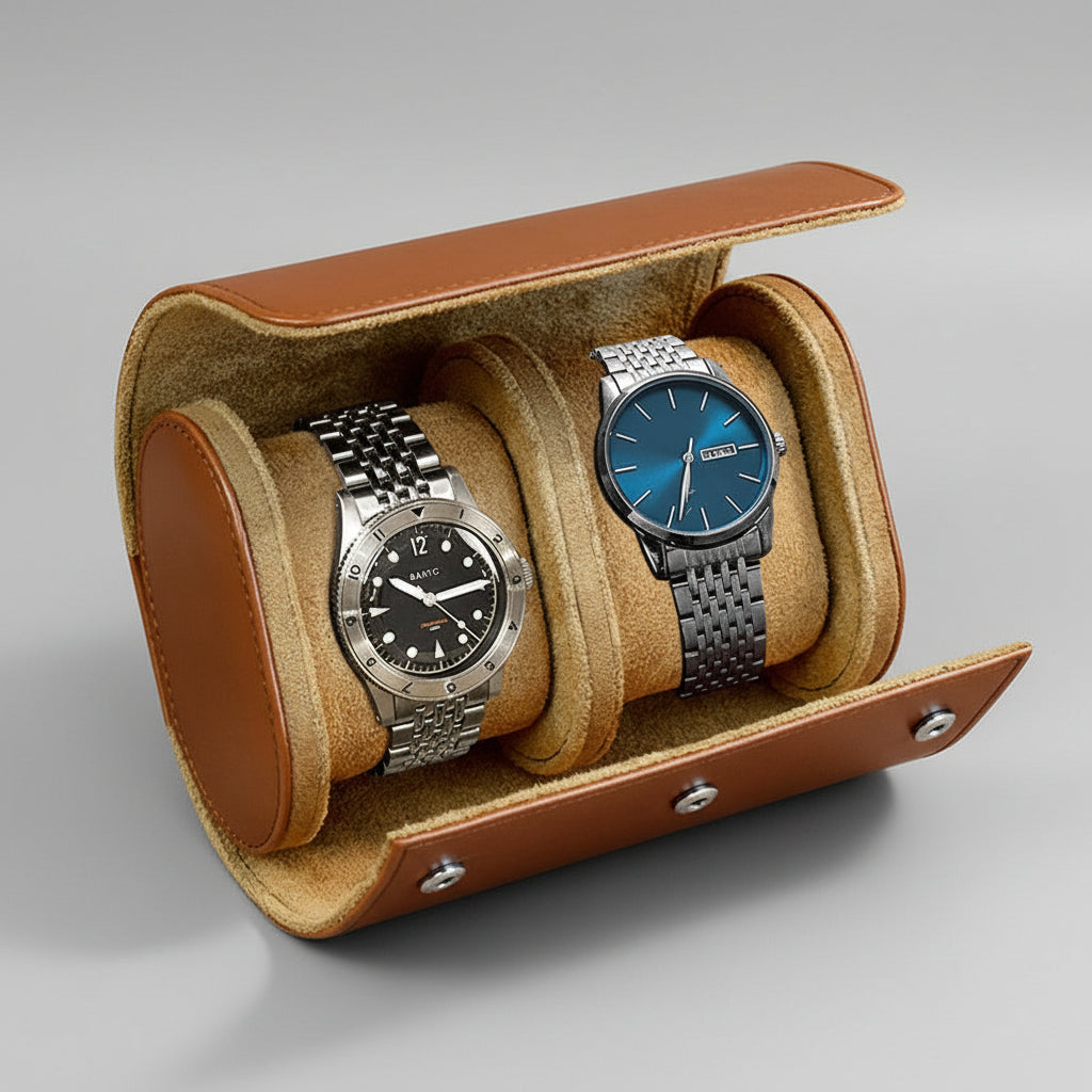 Two watches in a brown leather watch holder on a gray background