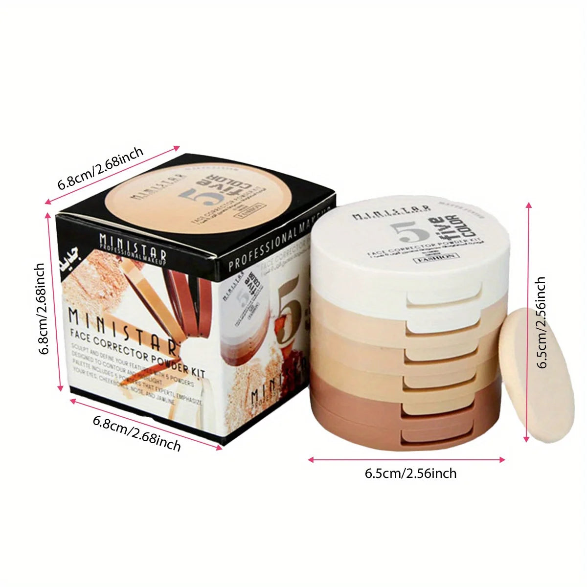 Ministar face corrector powder kit with dimensions displayed