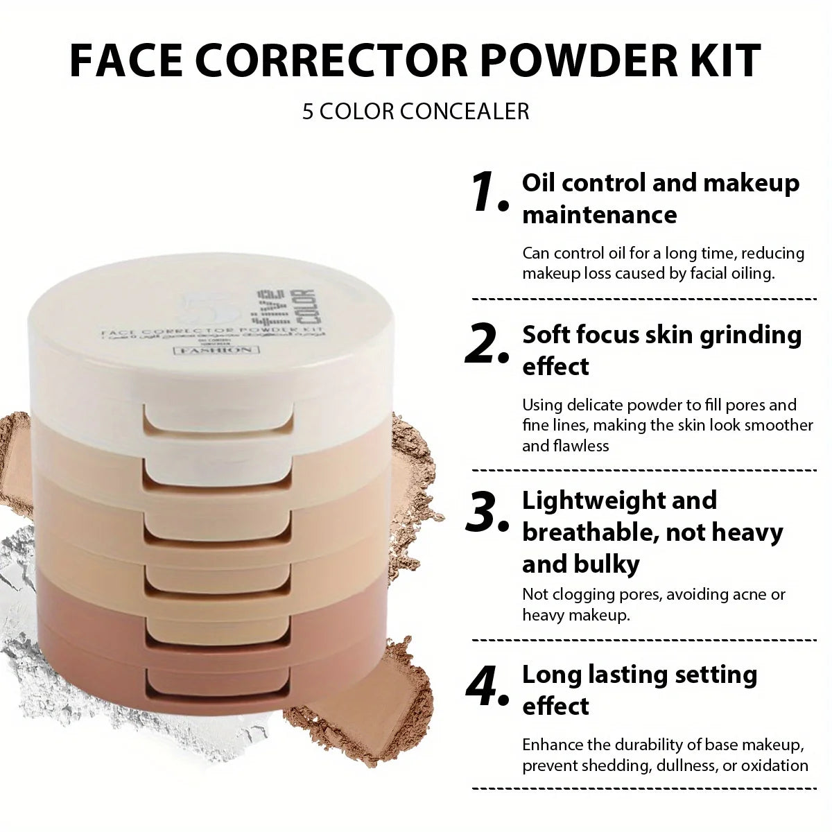 Face corrector powder kit with color swatches and text on oil control, skin smoothing, lightness, and lasting effect. product info view