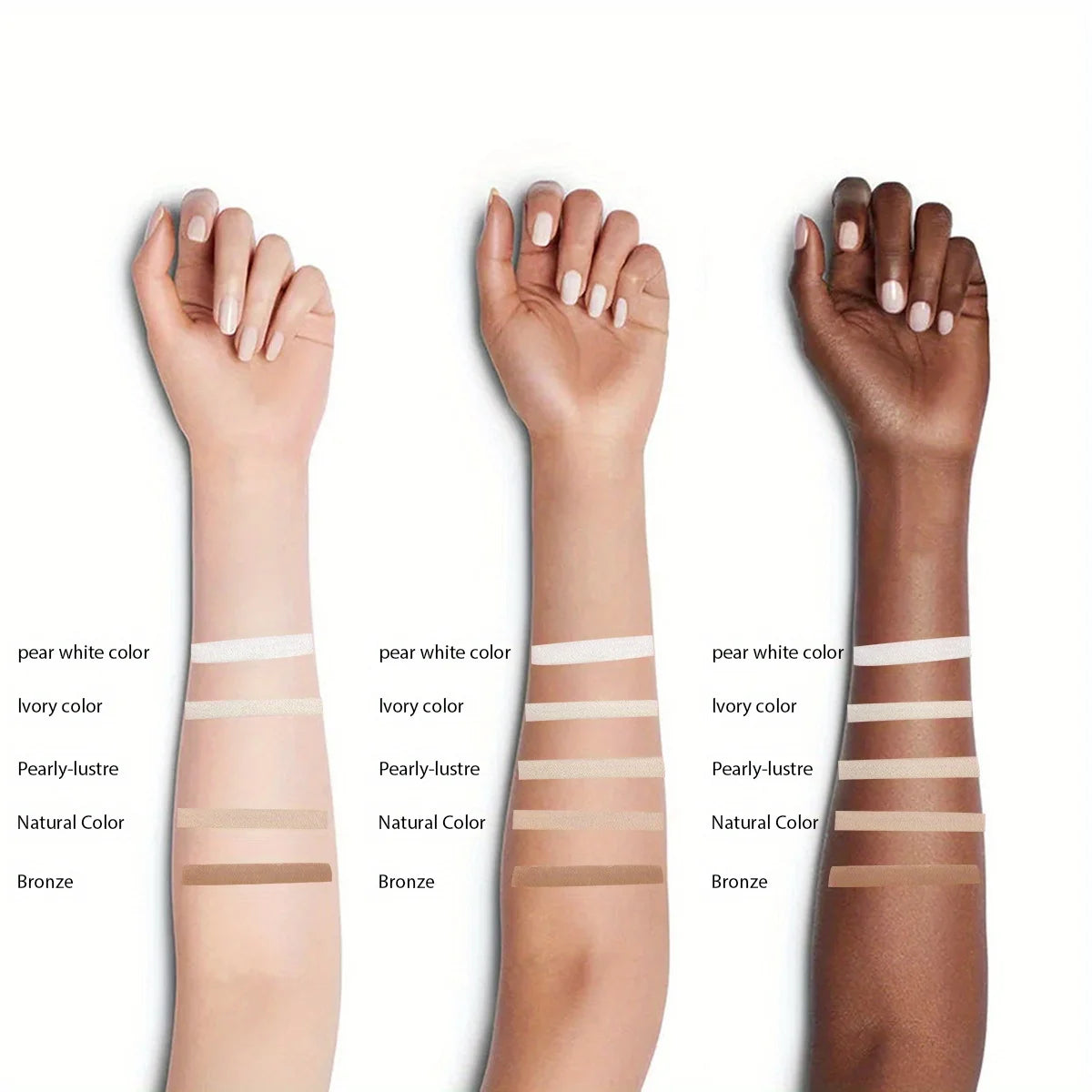 Three arms with different skin tones wearing makeup swatches labeled with color names. view