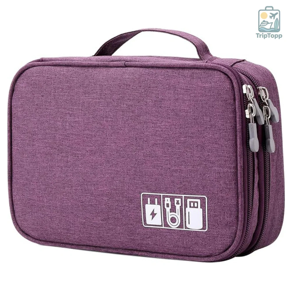 Purple travel organizer with charging icons on a white background