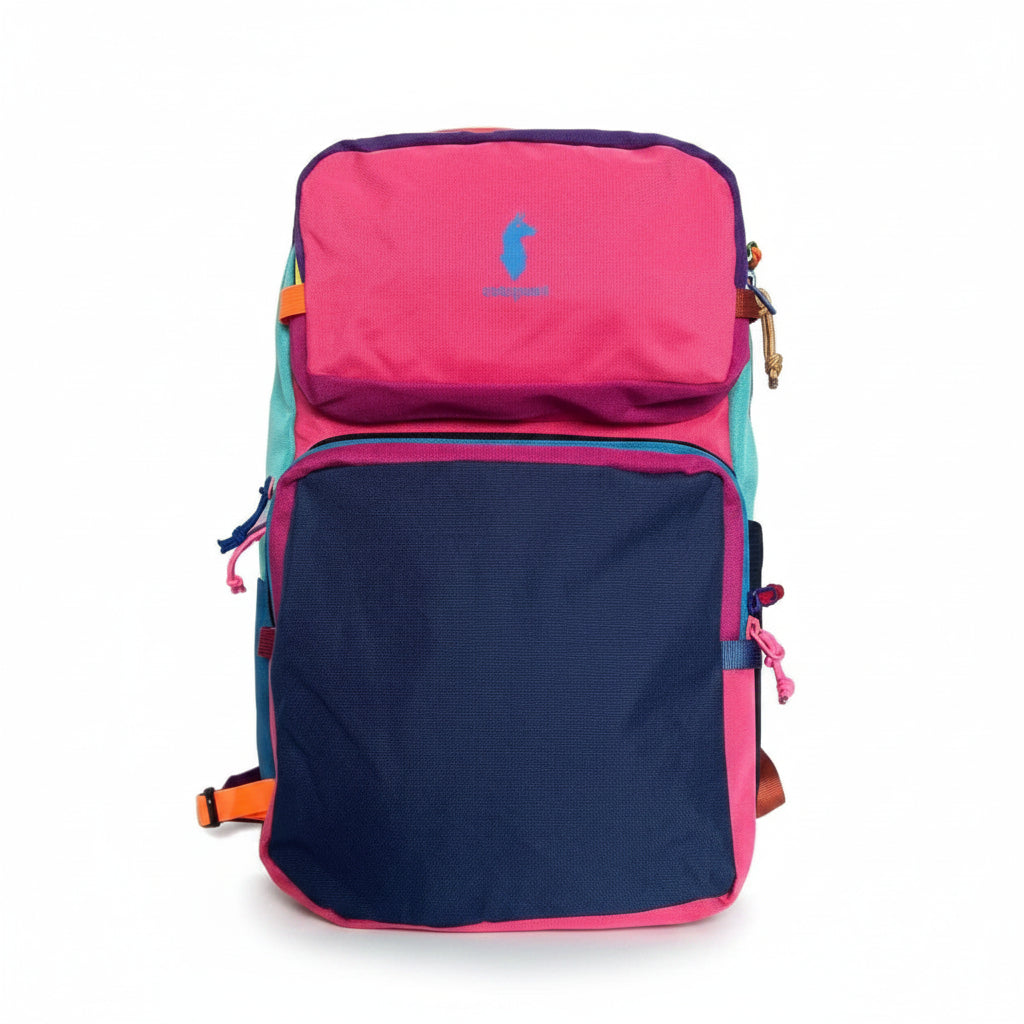 Front image of Multicolored backpack pink and dark blue with visible brand logo on a white background