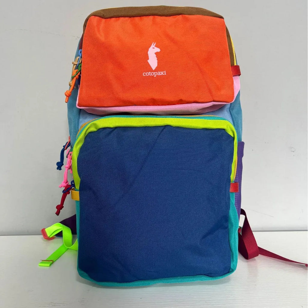 Colorful backpack orange with green and blue with multiple compartments - travel gear