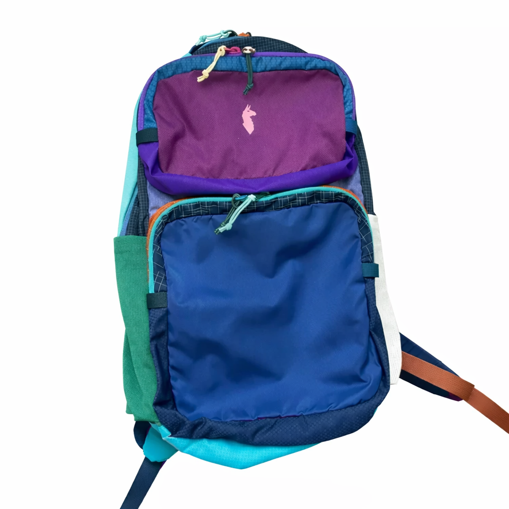 Multicolored backpack purple and dark blue with visible brand logo - travel essentials