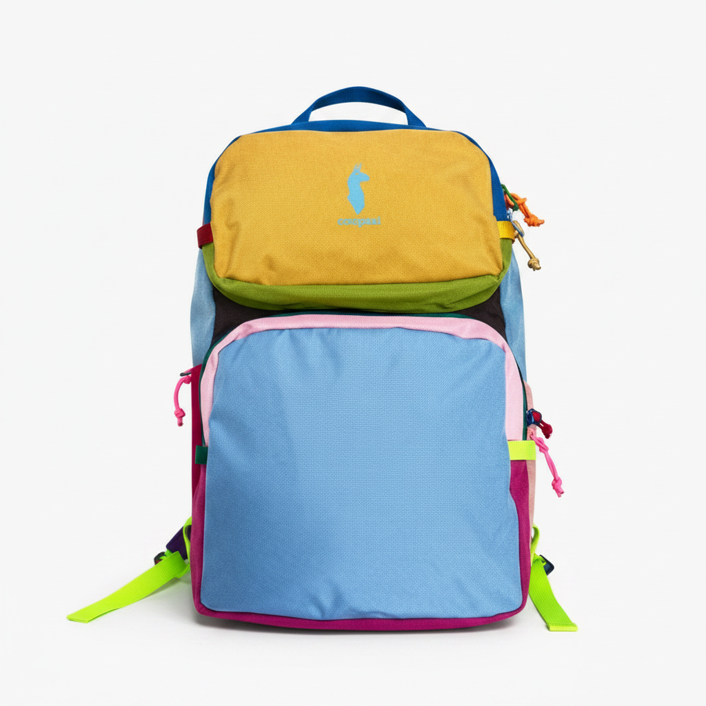 Front image product of Colorful backpack with multiple compartments yellow and blue on a white background