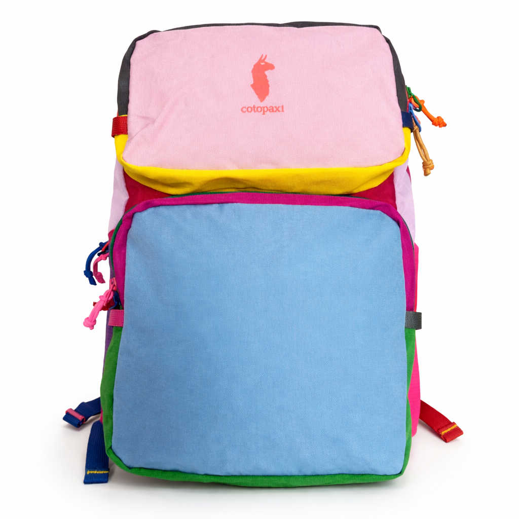 Colorful backpack light pink and light blue with visible brand logo - travel gear