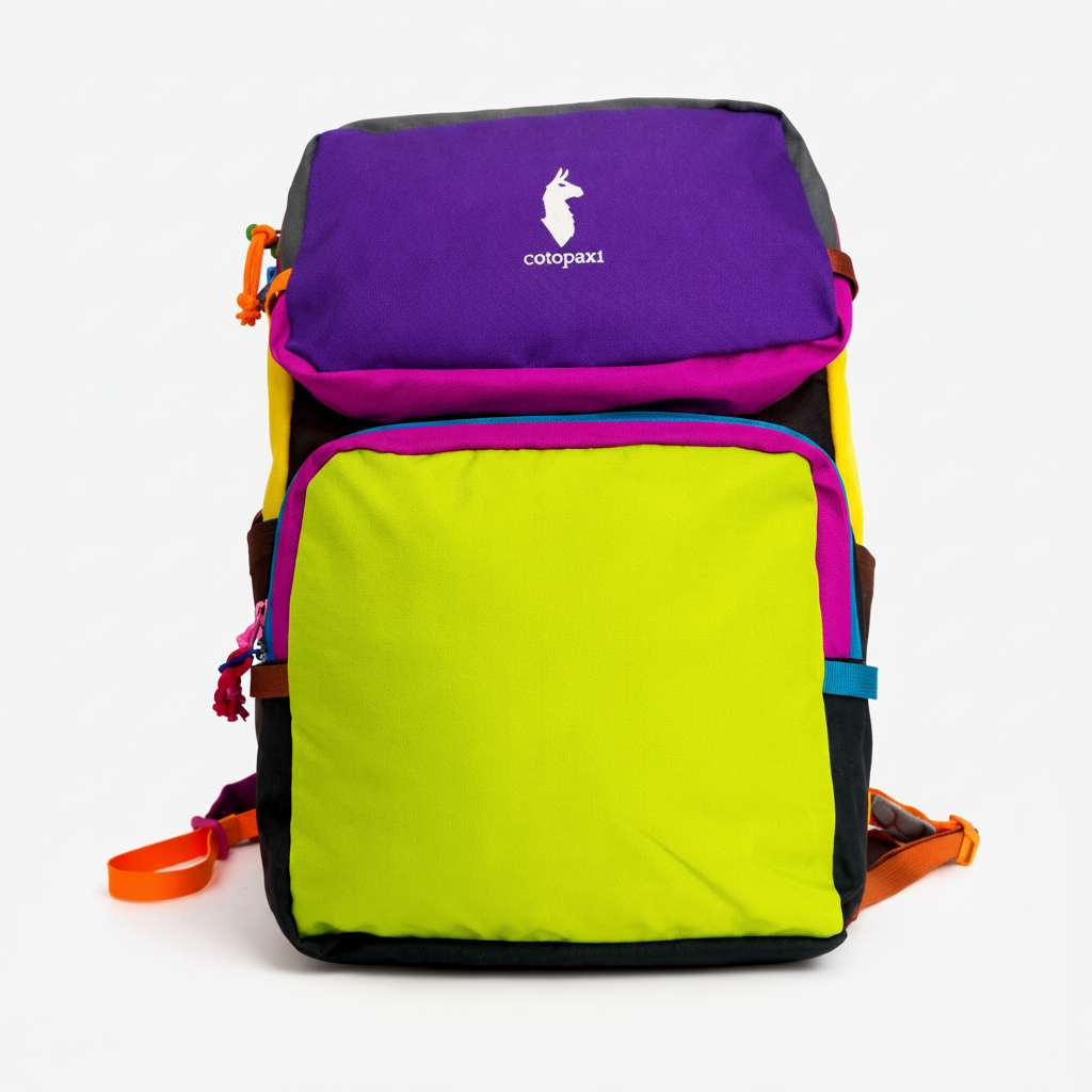 Front product image view Colorful backpack with a visible brand logo on a white background