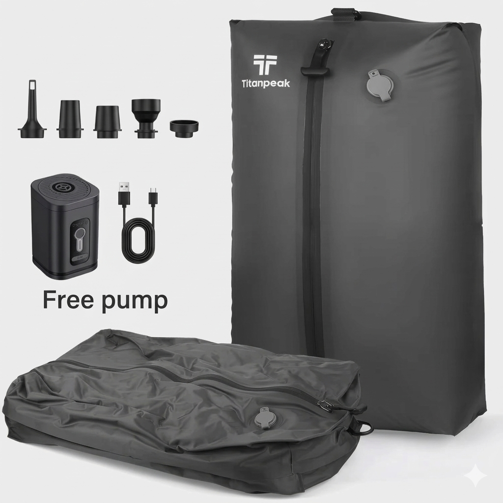Gray inflatable bag with accessories and Titanpeak branding on a white background