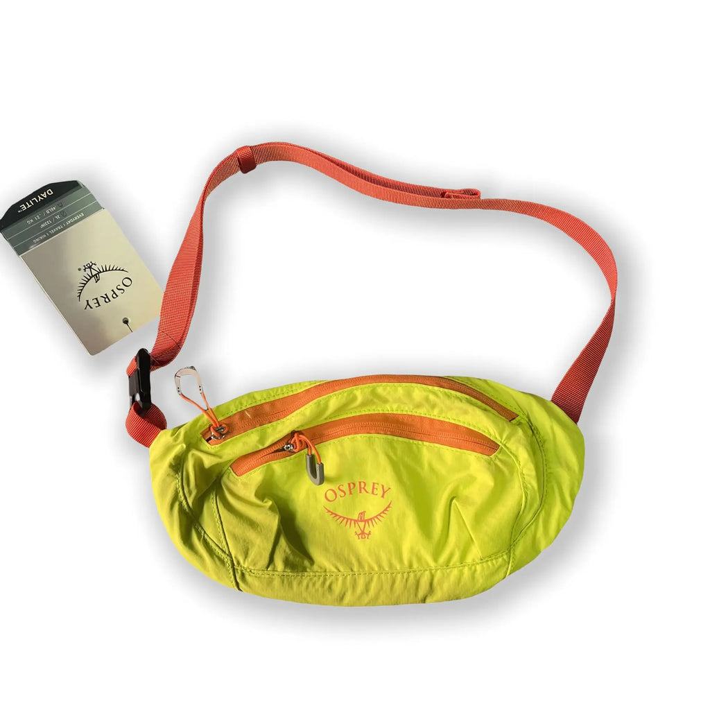 Yellow waist bag with red strap and Osprey logo on a white background