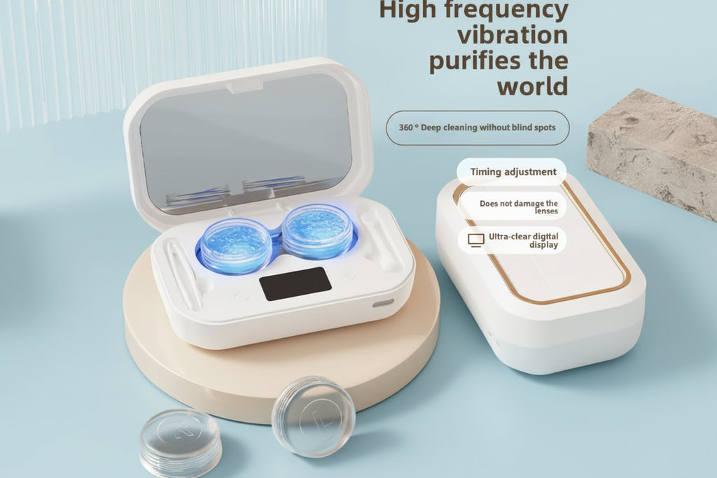 Contact lens cleaning device with blue lenses inside on a beige background