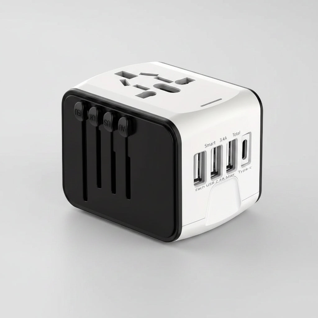 Black and white travel adapter with multiple ports on a white background