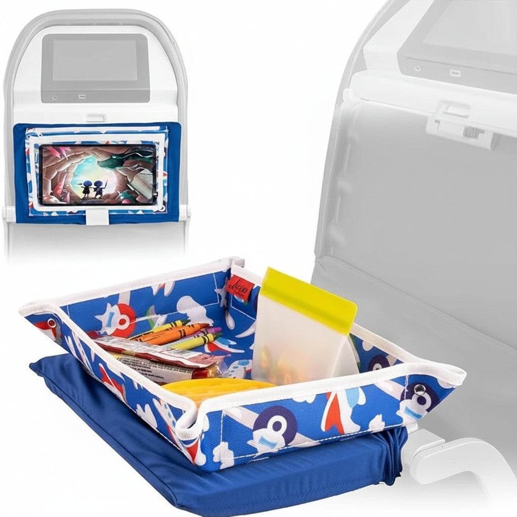 Foldable tray with compartments and screen attached to a car seat