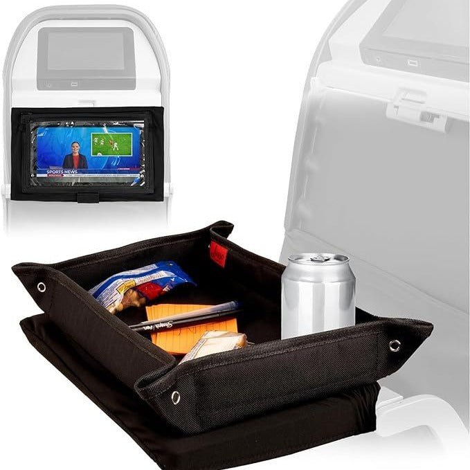 Foldable tray with snacks and a can of soda in front of a car's open trunk.