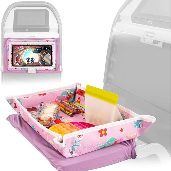 Pink travel tray with compartments and a screen on a white background