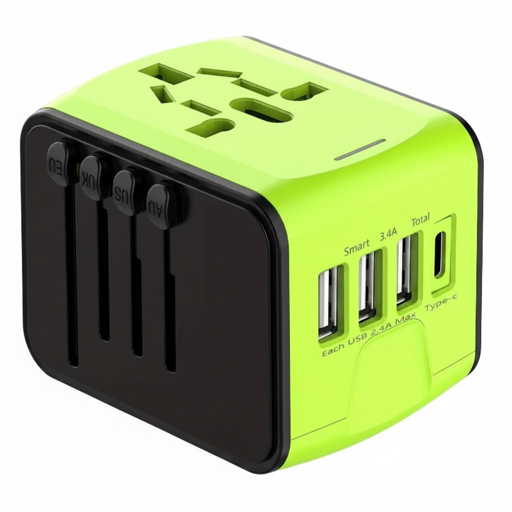 Green and black travel adapter with multiple ports on a white background