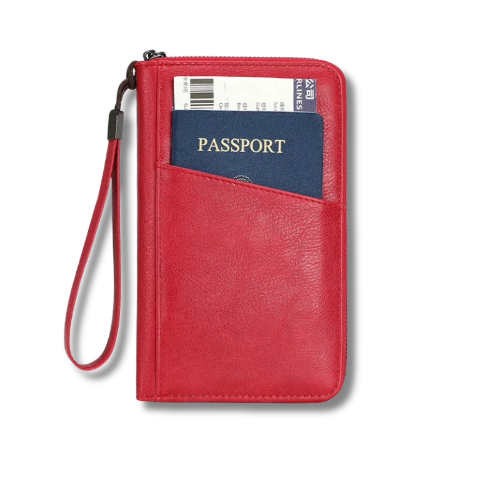 Red travel wallet with a passport slot on a white background