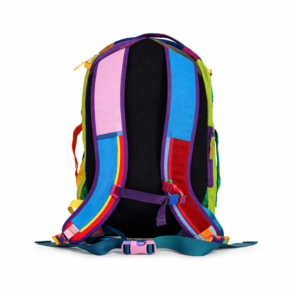 On white background of VibeTrail 28L l travel backpack Back view - travel gear