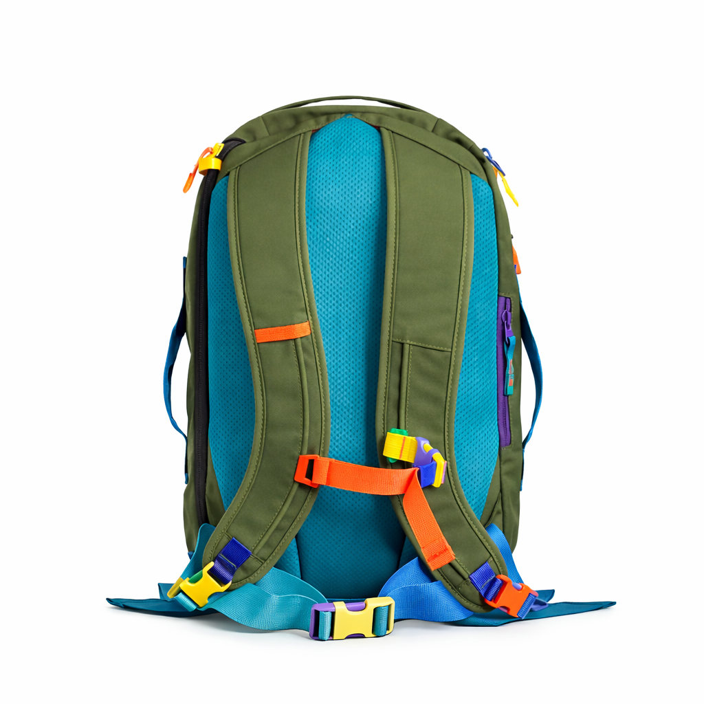 On white background of VibeTrail 28L l travel backpack Back view blue - travel accessories Australia