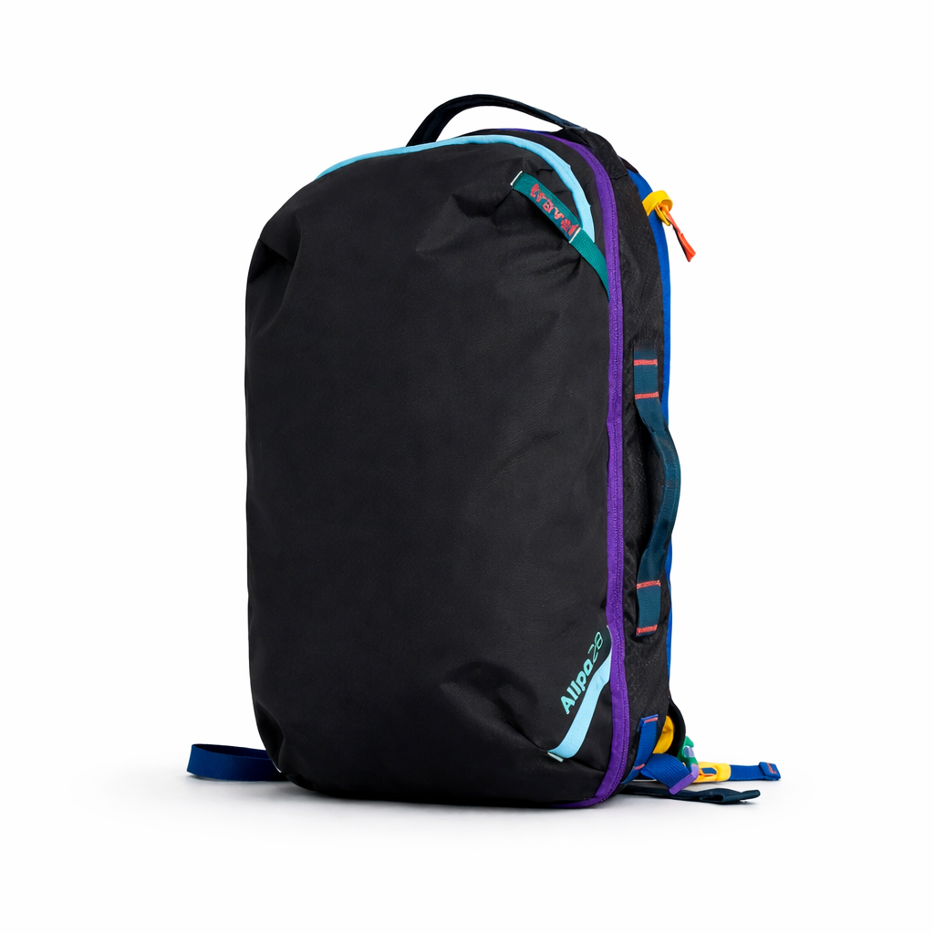 On white background of VibeTrail 28L colorful travel backpack front view black colour - travel accessories Australia