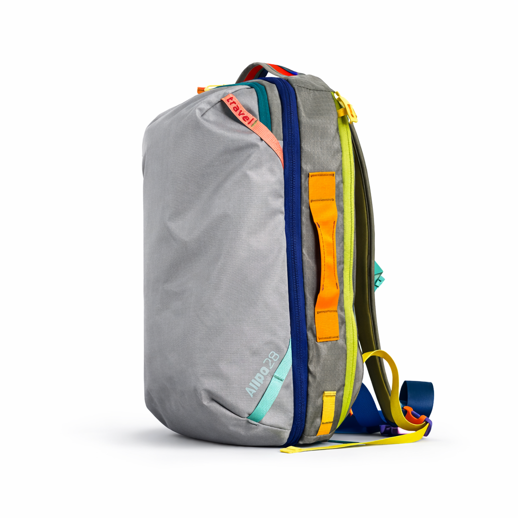 On white background of VibeTrail 28L colorful travel backpack front view gray colour - travel gear