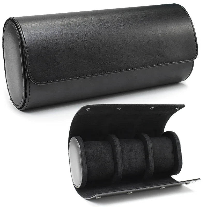 Black leather watch case with three compartments on a white background