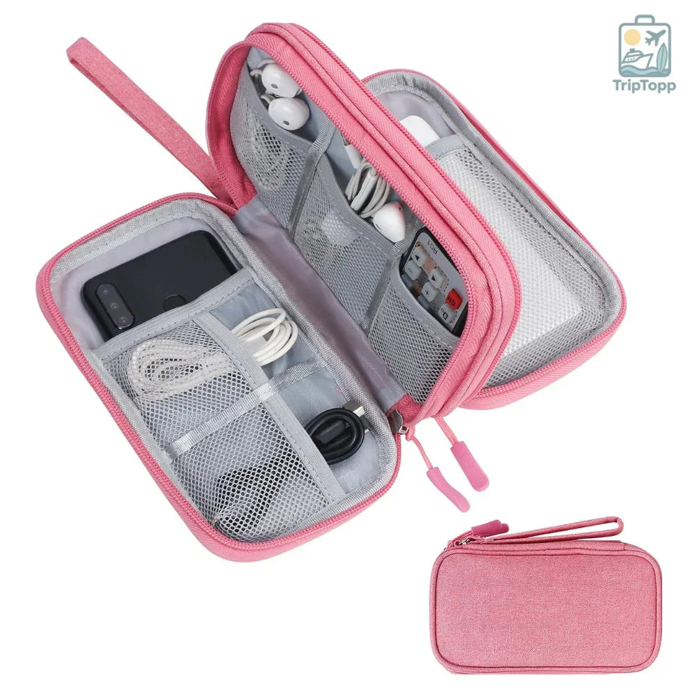 Product image page of Pouch Travel Cable Organizer Open WireWay travel tech organiser with USB cables, chargers and gadgets neatly stored