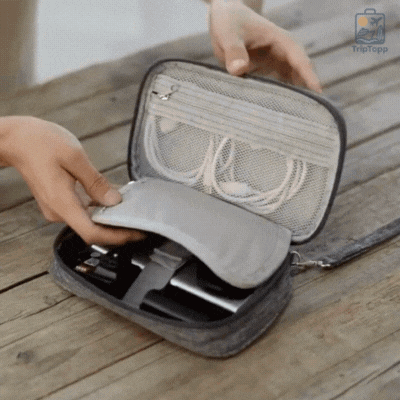 WireWay electronics organiser pouch packed inside carry-on luggage for travel video