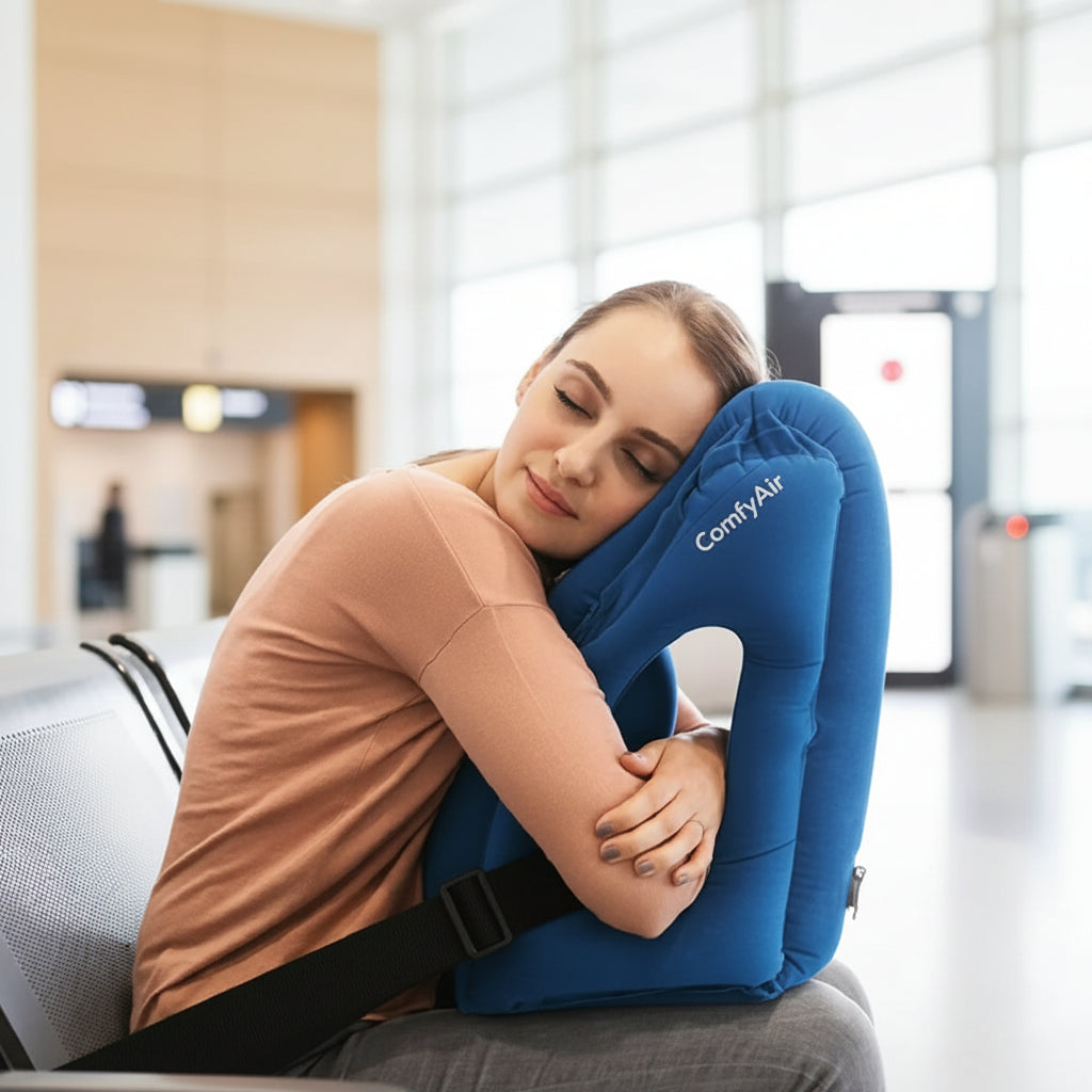 Woman using a blue travel pillow in the airport