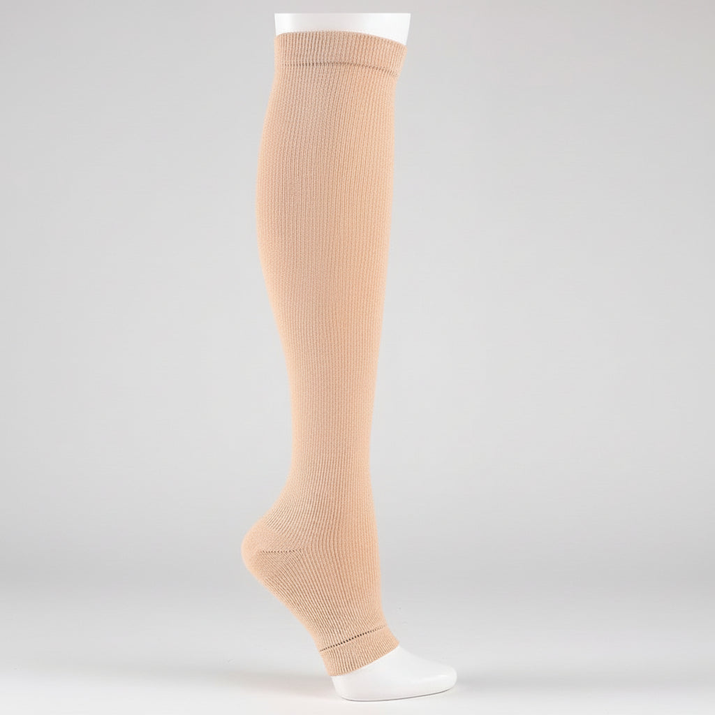 Beige knee-high sock with a zipper on a white background