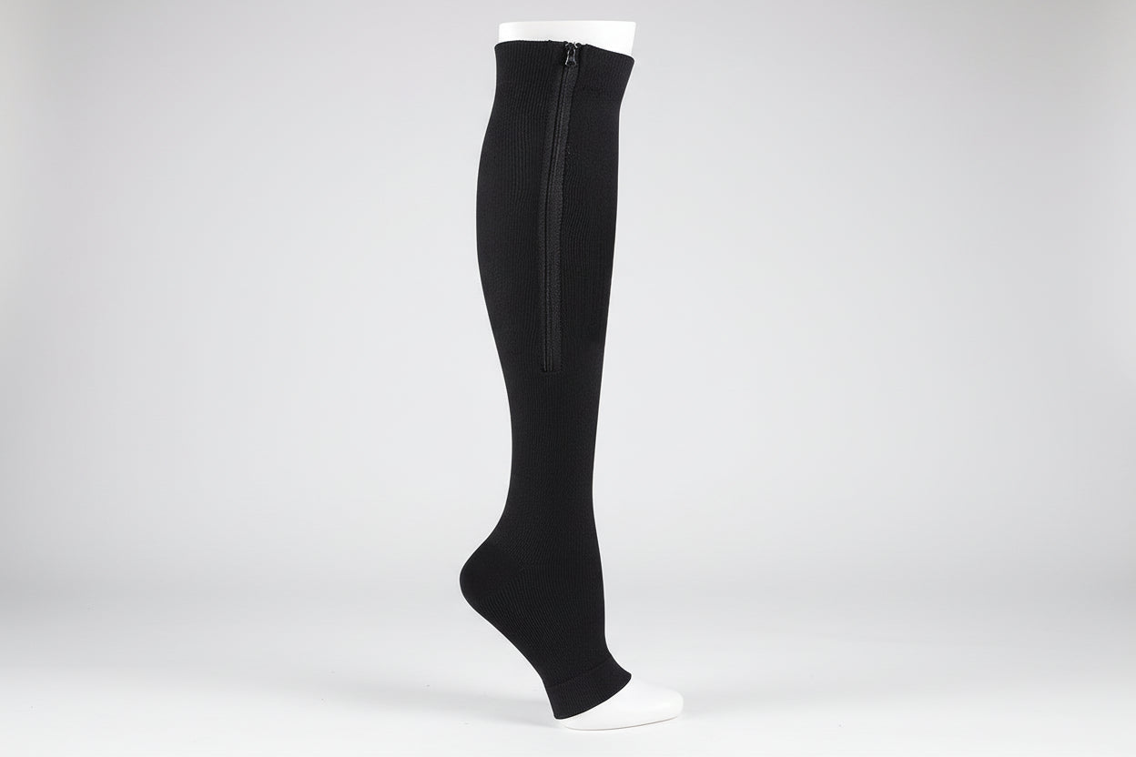 Black knee-high sock with a zipper on a white background