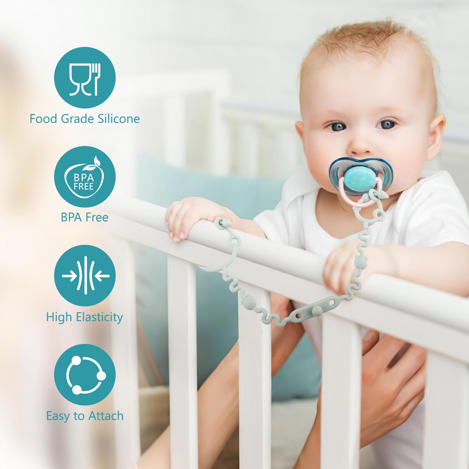 Baby in a crib with a pacifier attached to a silicone chain, surrounded by product features.