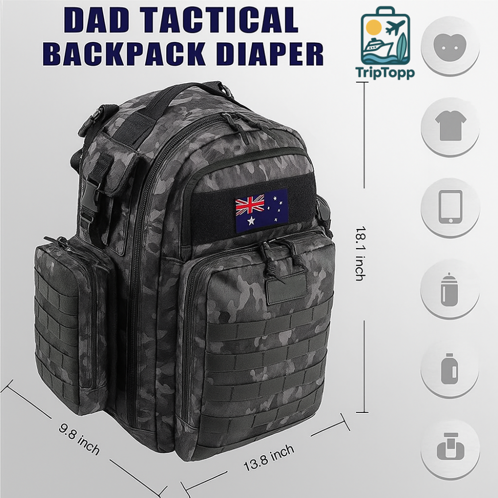 Camouflage backpack with Australian flag patch, labeled 'Dad Tactical Backpack Diaper', on a gray background.