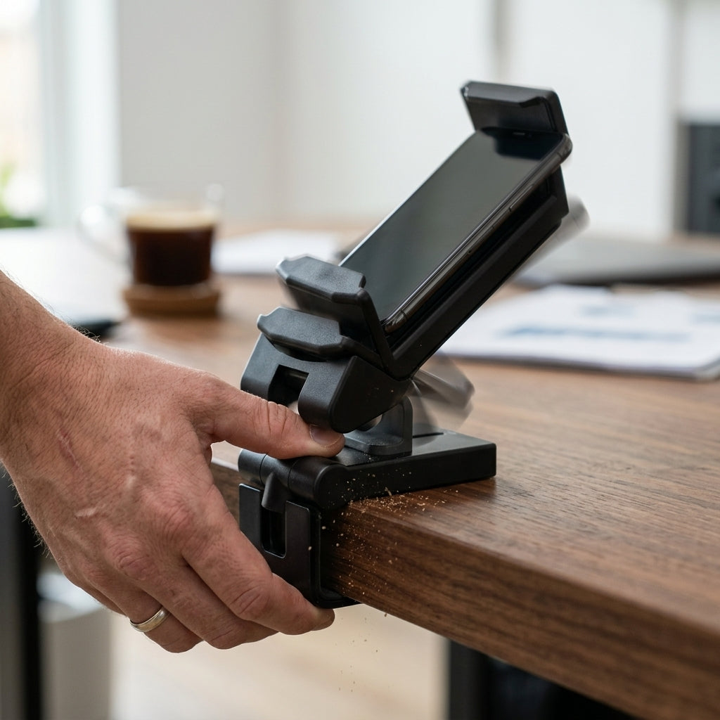 AeroGrip phone holder clamped to the edge of a desk