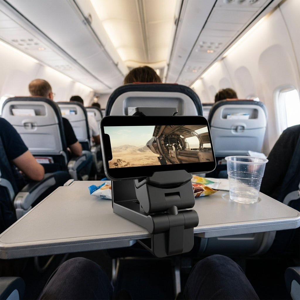 AeroGrip phone holder clipped to an airplane tray table for watching movies in flight