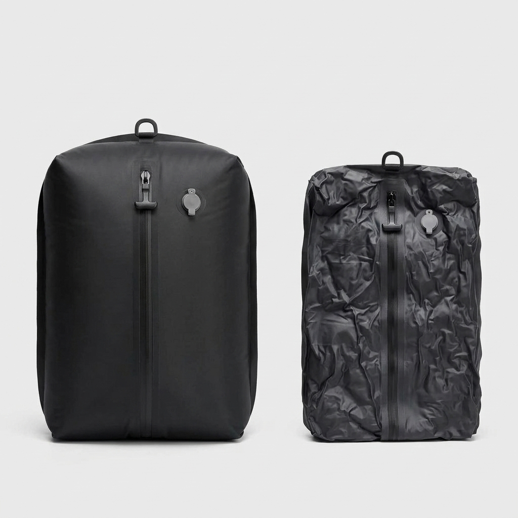 AirLock compression bag shown expanded beside the same bag vacuum compressed and packed flat