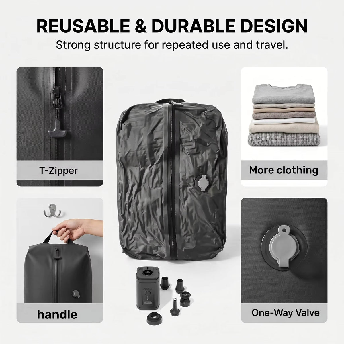 AirLock vacuum compression travel bags with T-zipper, handle, one-way valve and USB pump