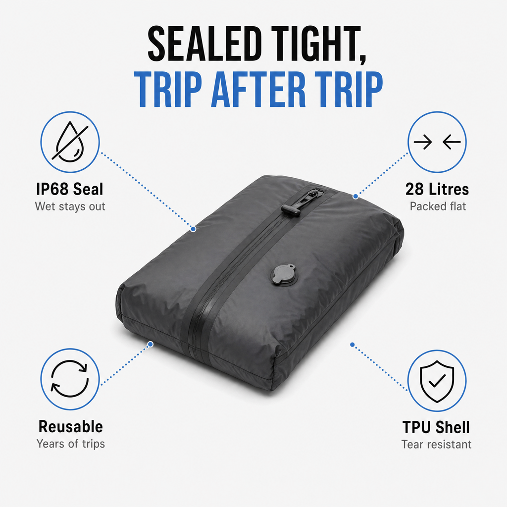 AirLock 28 litre compression bag with IP68 waterproof seal and reusable tear-resistant TPU shell