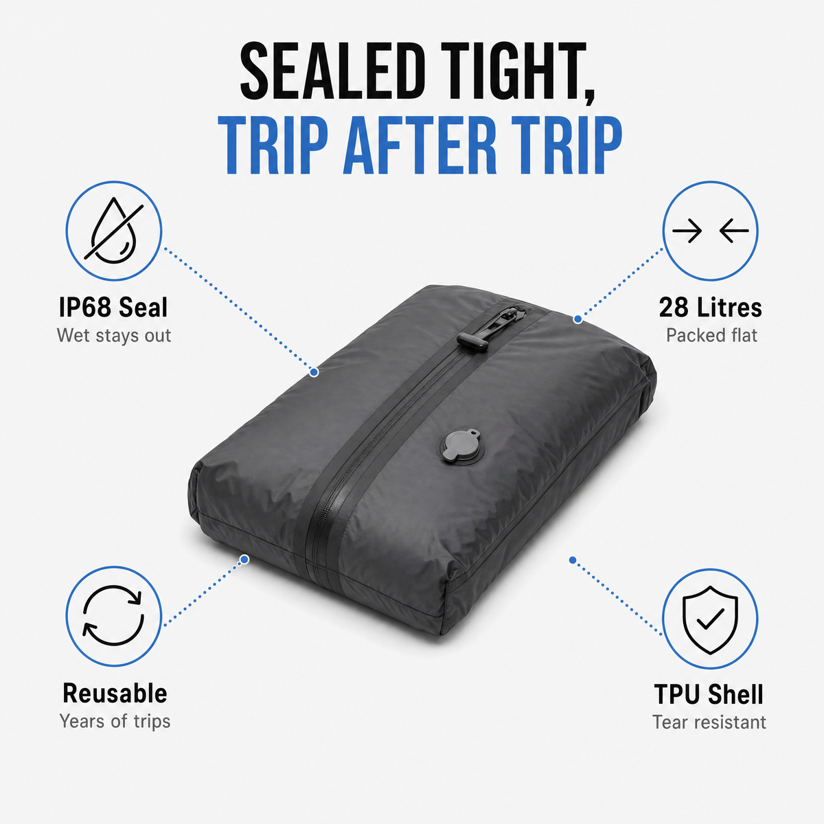 AirLock 28 litre compression bag with IP68 waterproof seal and reusable tear-resistant TPU shell