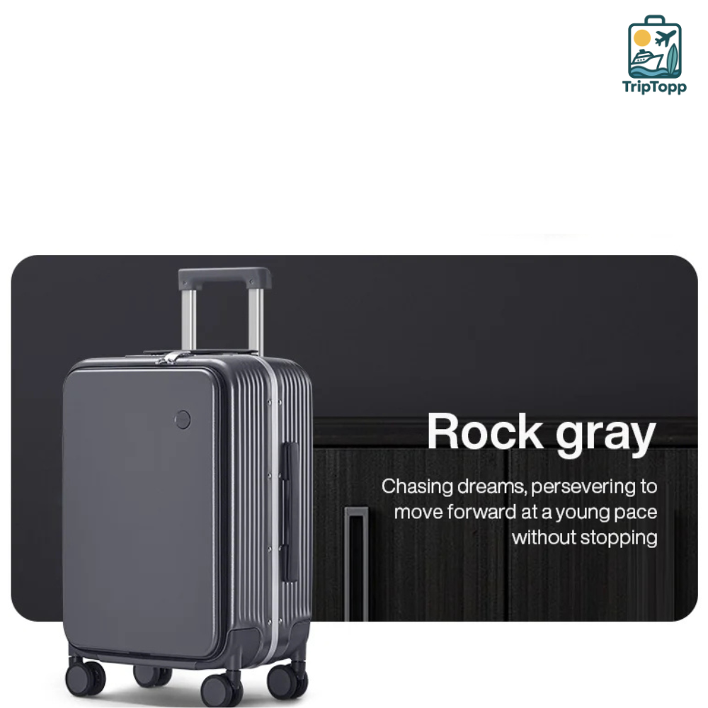 Aluminium frame carry-on suitcase grey angle view 360 spinner wheels detail