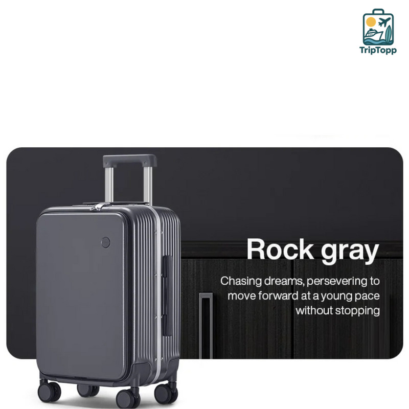 Aluminium frame carry-on suitcase grey angle view 360 spinner wheels detail