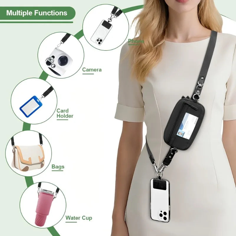 Phone crossbody lanyard side view showing adjustable strap and wallet card pocket design