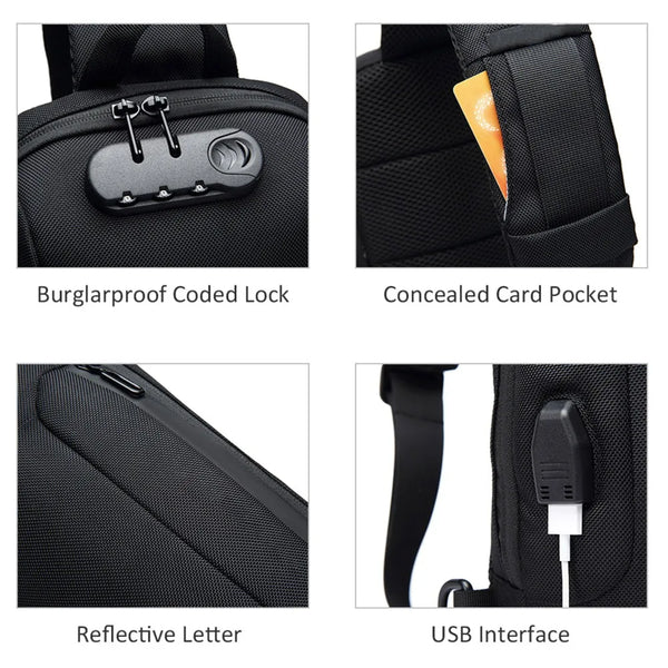 Black backpack with burglarproof coded lock, concealed card pocket, reflective letter, and USB interface.