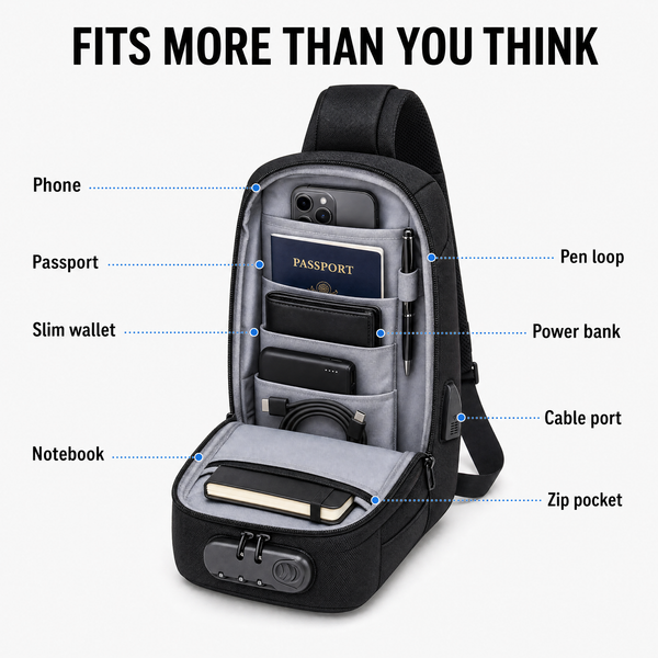 TravelGuard crossbody bag open to show phone, passport, slim wallet, power bank and notebook in padded compartments