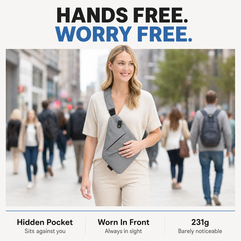 Woman walking a busy city street wearing a grey anti-theft sling bag across her chest, worn in front