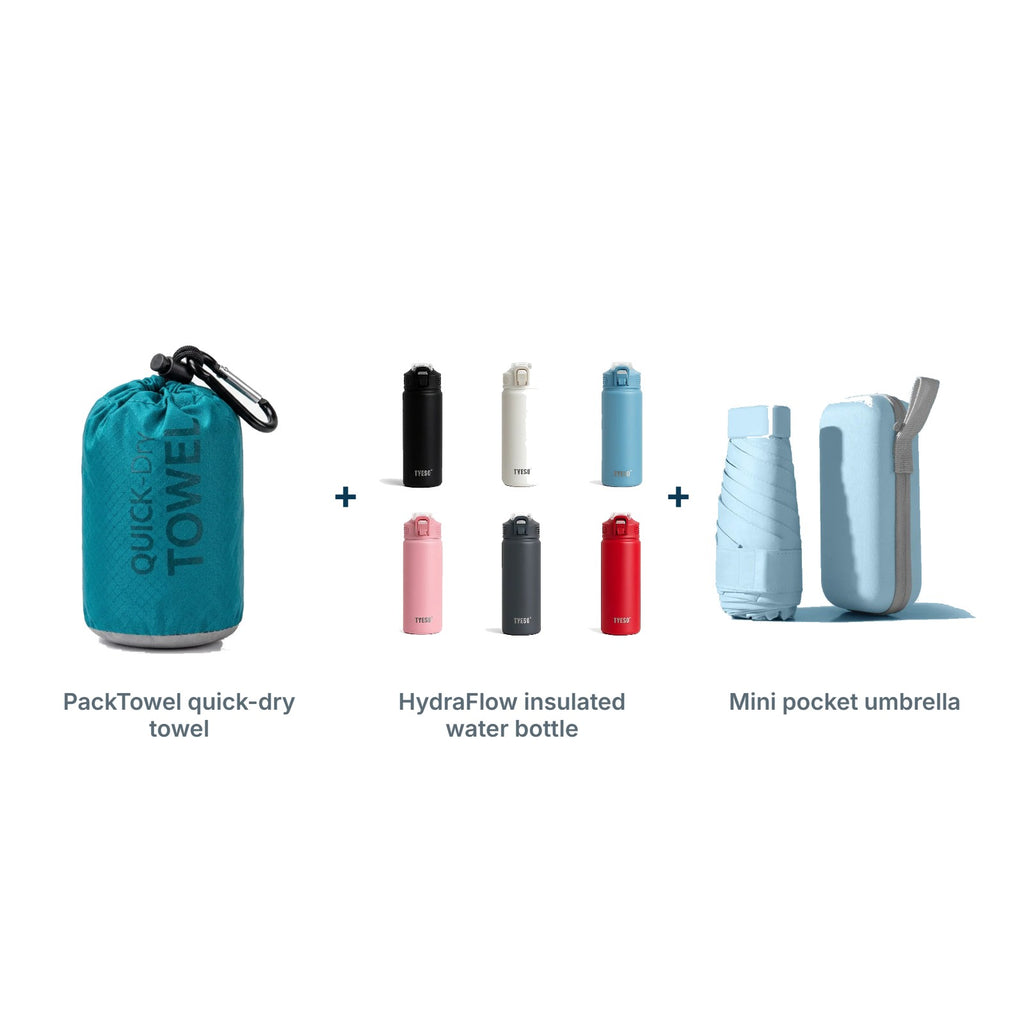 Beach Day Kit: PackTowel quick-dry towel, HydraFlow insulated water bottle, Mini pocket umbrella