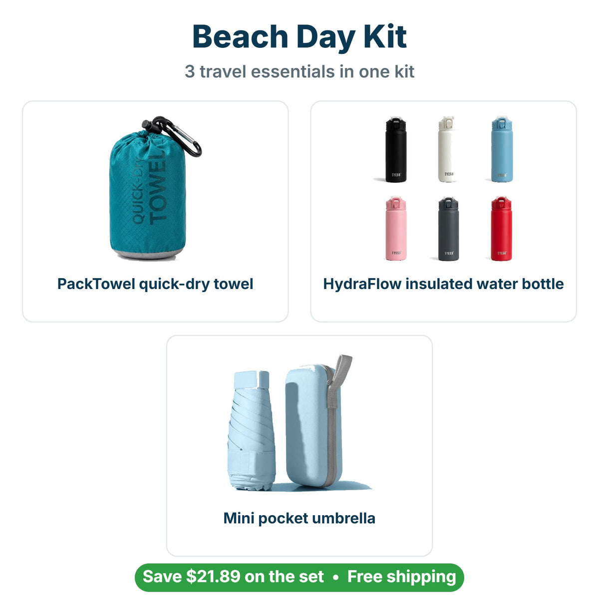 What's inside the Beach Day Kit: PackTowel quick-dry towel, HydraFlow insulated water bottle, Mini pocket umbrella