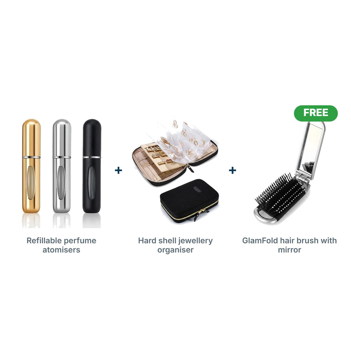 Beauty On-The-Go Kit: Refillable perfume atomisers, Hard shell jewellery organiser, FREE GlamFold hair brush with mirror