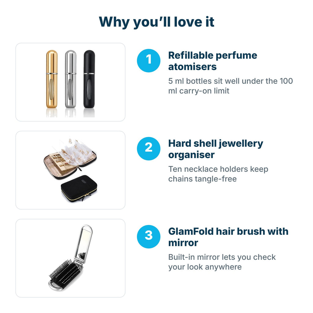 Why you'll love the Beauty On-The-Go Kit: Refillable perfume atomisers, Hard shell jewellery organiser, GlamFold hair brush with mirror